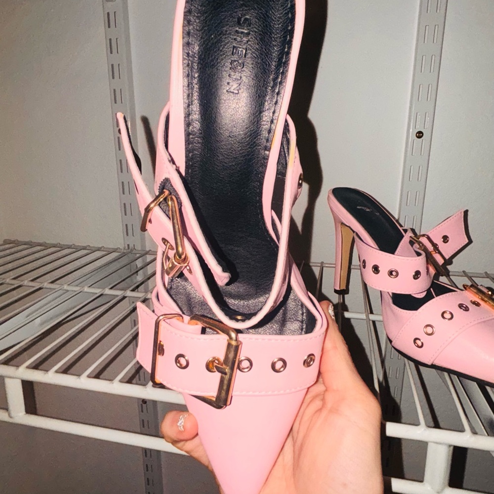 Pink High Heel Mules with Gold Buckles - Picture 3 of 6